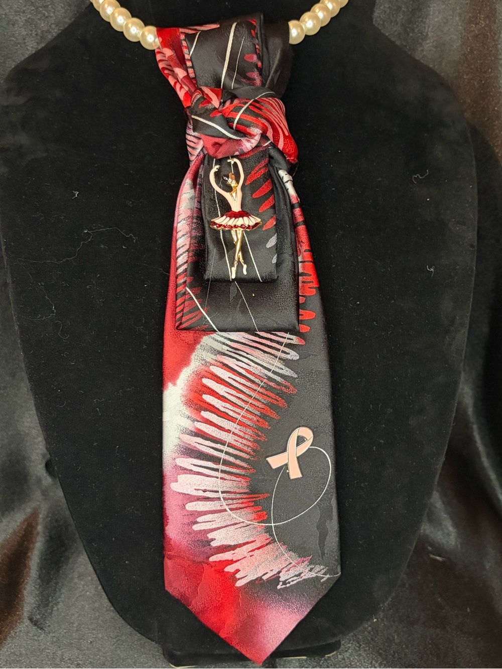 J. Garcia Red, Black and Pink Patterned Women's Tie with Ballerina Pin